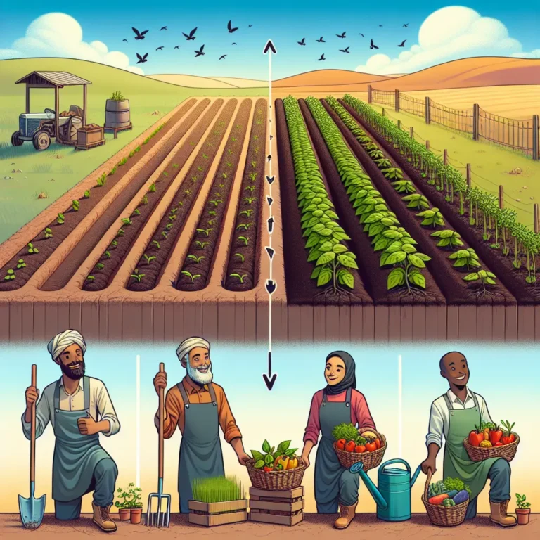 Illustration showing crops growing from seedlings to mature plants alongside small-scale farmers harvesting vegetables and practicing sustainable farming methods.