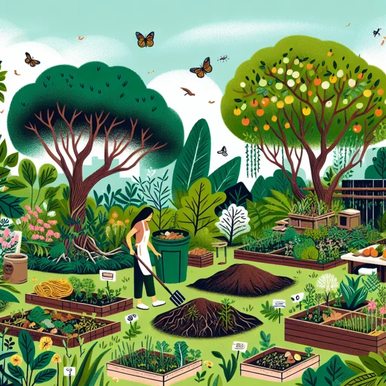 Illustration of a permaculture garden with raised vegetable beds, compost heaps, fruit trees, diverse plants, and a gardener maintaining a sustainable backyard ecosystem.