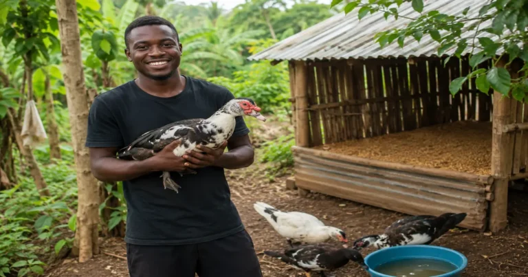 Young Cameroonian farmer holding a Muscovy duck beside a simple backyard duck house in a rural village setting in Cameroon.