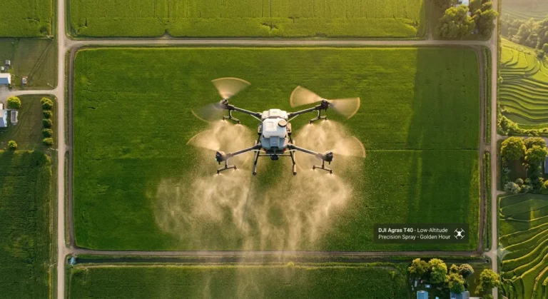 DJI Agras spray drone flying over a green rice paddy with mist spraying evenly across crops.