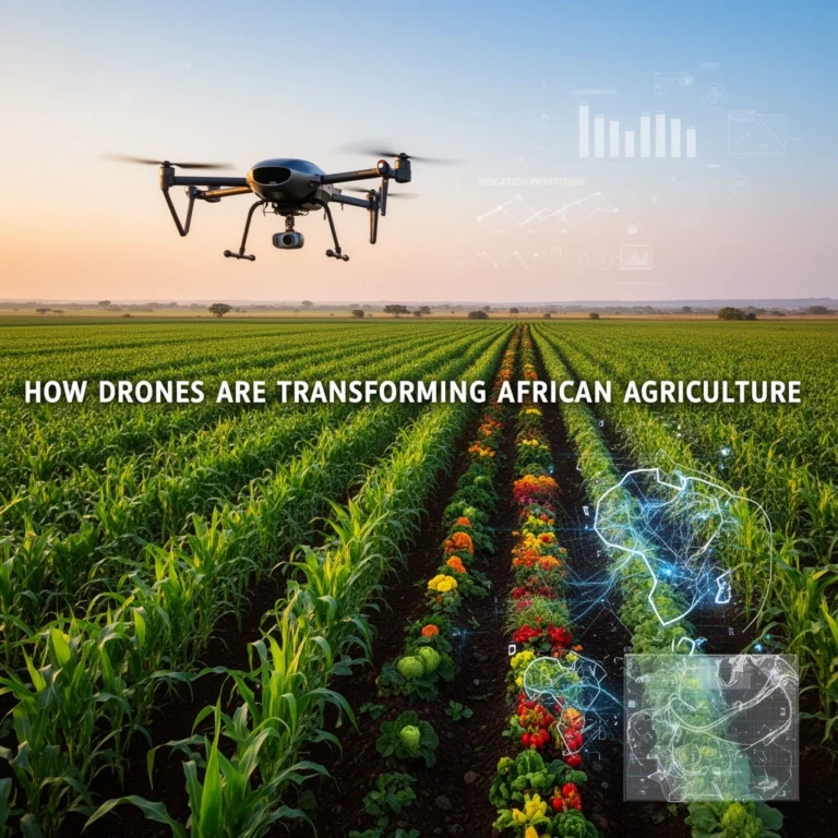 Smart farming technologies in Africa, featuring drones monitoring crops, IoT sensors in fields, GPS-guided tractors, and farmers using digital tools to improve agricultural productivity and sustainability.