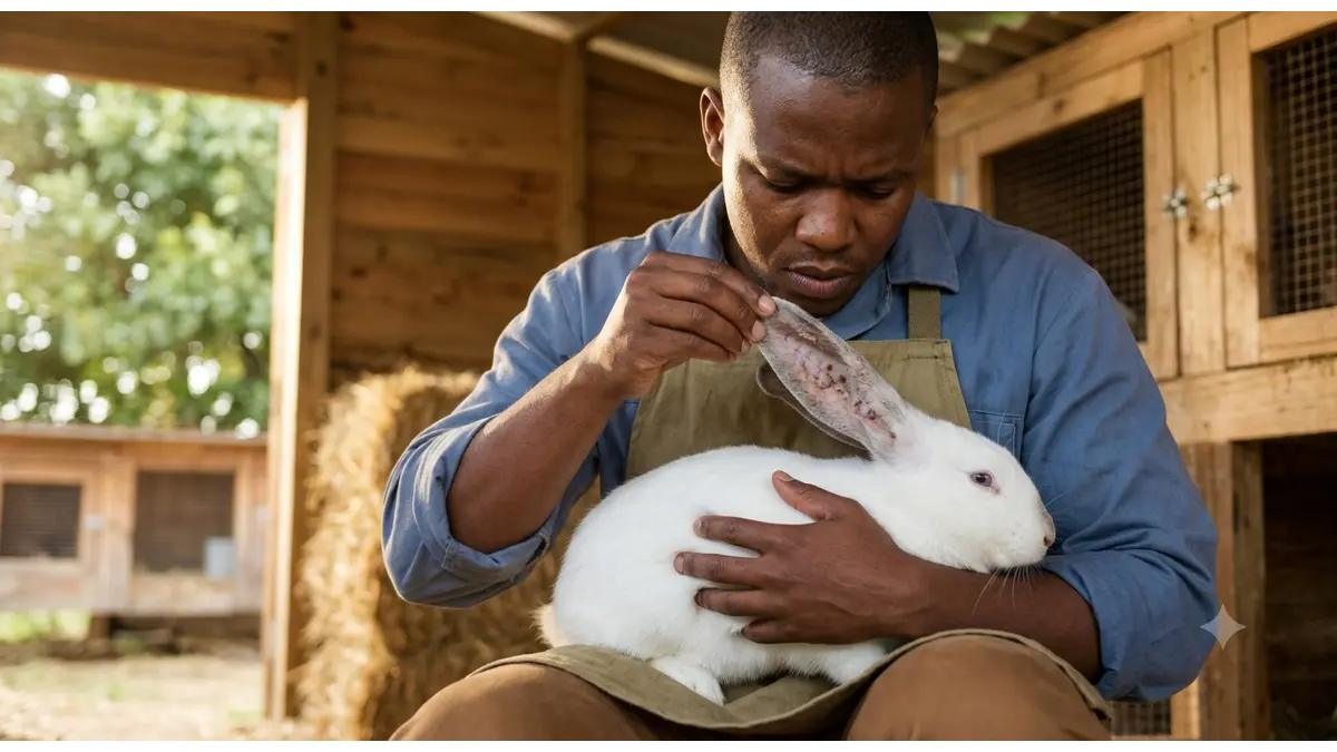 African farmer inspecting a rabbit's ear for crusty mites, holding it gently in a sunny barn.