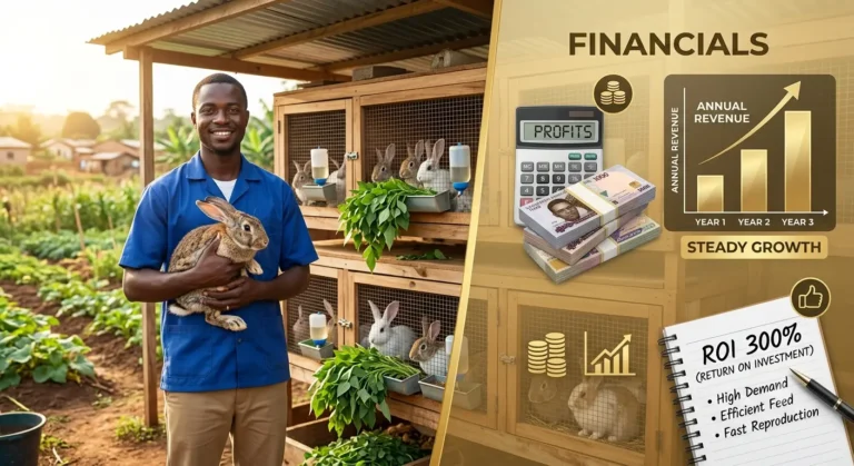 African rabbit farmer holding a rabbit beside wooden hutches, with financial overlay showing profits and rising chart.
