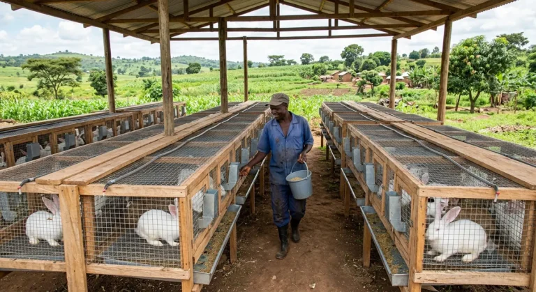 Rows of raised wire-floor rabbit cages with drop trays, water nipples, and a farmer walking between them.