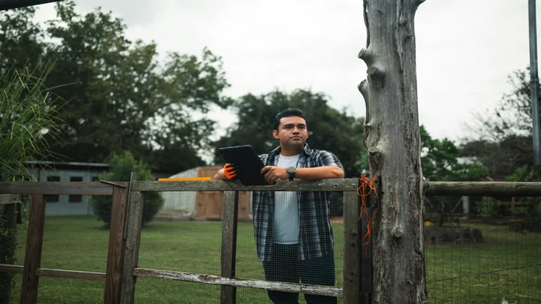 A young person sitting outdoors in a rural area working on a laptop doing online freelancing