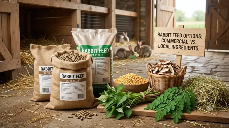 Bags of commercial rabbit pellets next to local feed ingredients including maize, moringa leaves, sweet potato vines, cassava peels, and hay on a farm.