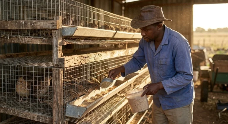 African farmer feeding quail in a multi-tiered wire cage system on a small farm