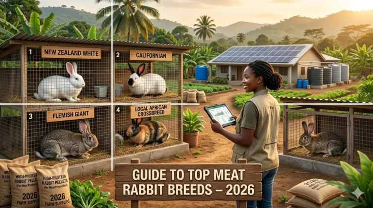 An informational graphic for a farming guide divided into four quadrants, each showing a different breed of meat rabbit in a wooden and wire hutch: New Zealand White, Californian, Flemish Giant, and a local African crossbreed. On the right, a female farmer in a khaki vest stands holding a digital tablet displaying agricultural data. The background features a modern farmhouse equipped with solar panels and water tanks under warm, golden hour sunlight. High-protein pellet sacks and a prominent wooden sign reading "Guide to Top Meat Rabbit Breeds – 2026" are in the foreground.