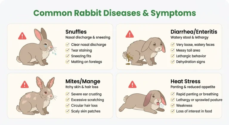 Infographic showing 4 common rabbit diseases: snuffles, diarrhea, ear mites, and heat stress with symptoms listed.